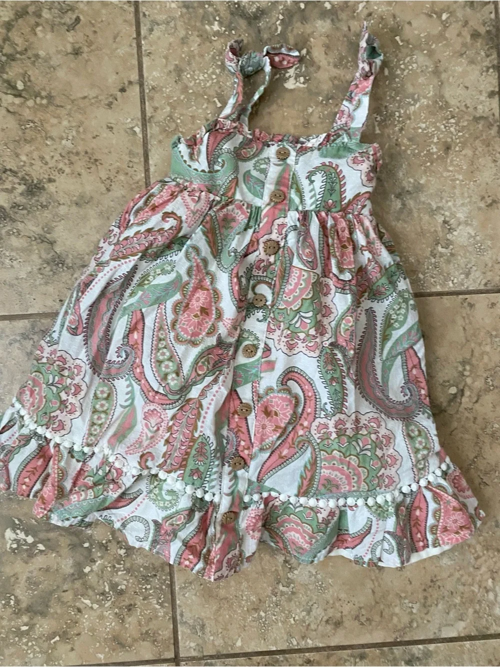 Haute Hippie Boho Girls Paisley Pompom Trim Pink Mint Adorable Summer Dress 2T